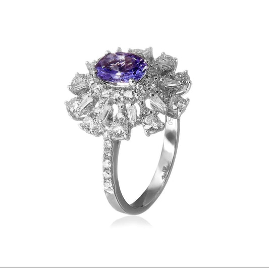 Anel Flor Tanzanita Brilhantes e Diamantes Baguete 2.9 CT