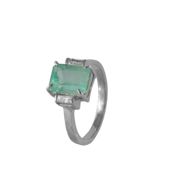 ANEL RADIANT THREE STONE ESMERALDA COLOMBIANA E DIAMANTES BAGUETE 2.28 CT