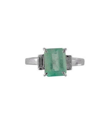 ANEL RADIANT THREE STONE ESMERALDA COLOMBIANA E DIAMANTES BAGUETE 2.28 CT