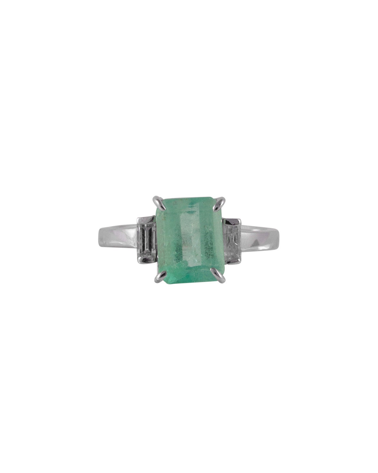 ANEL RADIANT THREE STONE ESMERALDA COLOMBIANA E DIAMANTES BAGUETE 2.28 CT