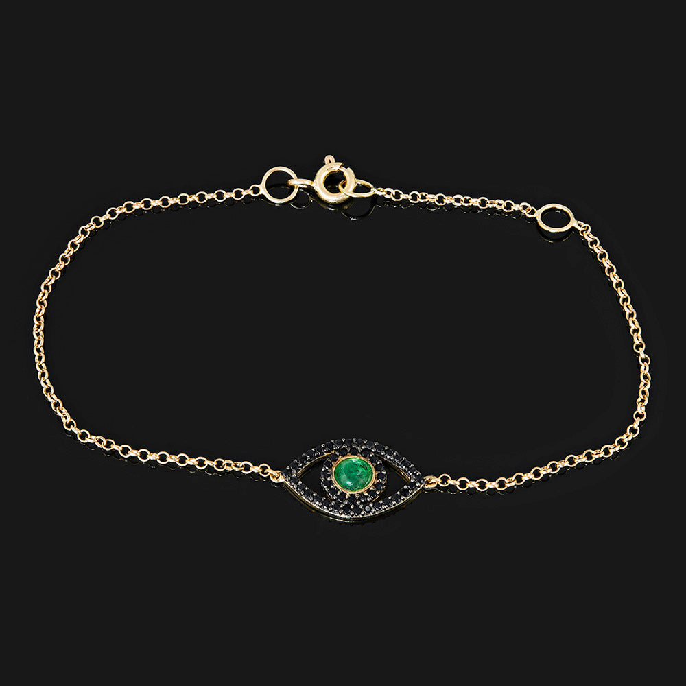 PULSEIRA OLHO GREGO OURO ESMERALDA COM SAFIRAS NEGRAS