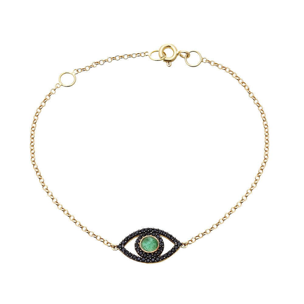 PULSEIRA OLHO GREGO OURO ESMERALDA COM SAFIRAS NEGRAS