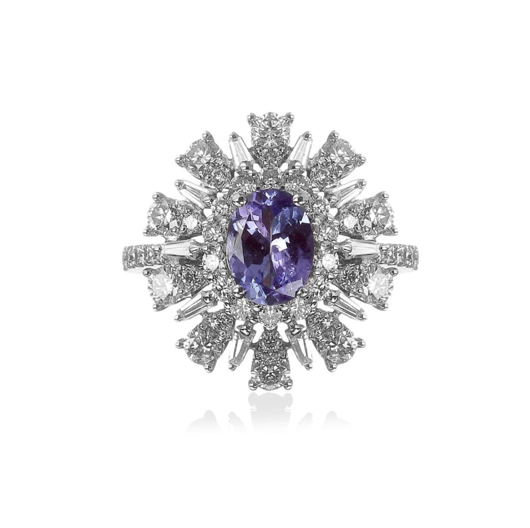 Anel Flor Tanzanita Brilhantes e Diamantes Baguete 2.9 CT
