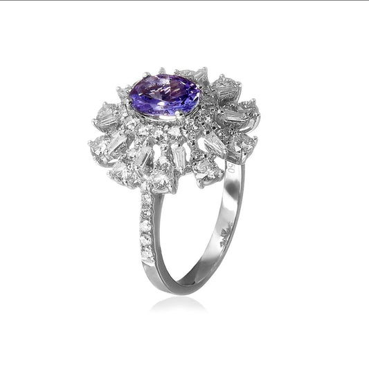 Anel Flor Tanzanita Brilhantes e Diamantes Baguete 2.9 CT